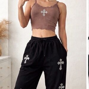 Rhinestone Cross Jogger Set | Y2K Lounge Set | Street Style | Black + Taupe
